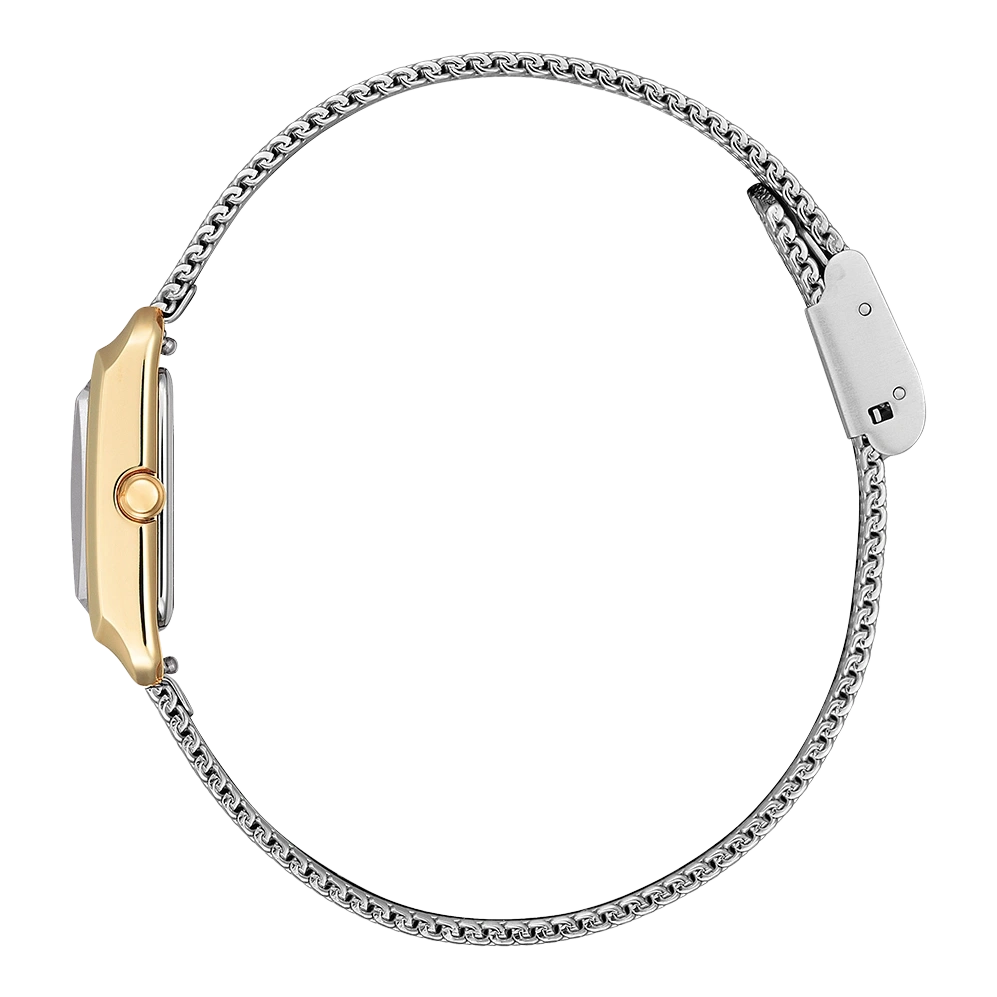Seitenansicht einer goldenen Uhr mit silbernem Kettenarmband, isoliert.