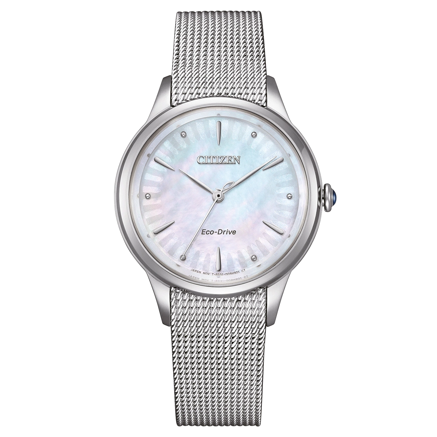 Citizen-Uhr mit silbernem Armband und weißem Zifferblatt, Eco-Drive-Technologie