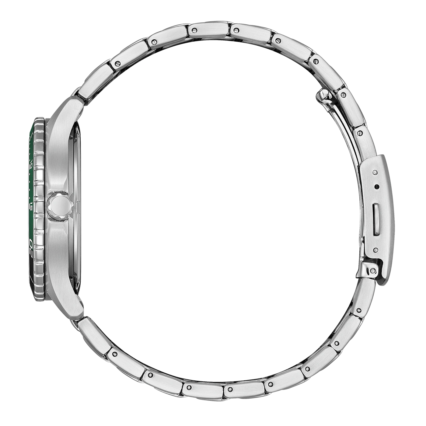 Seitenansicht einer silbernen Uhr mit grüner Lünette und Metallarmband.