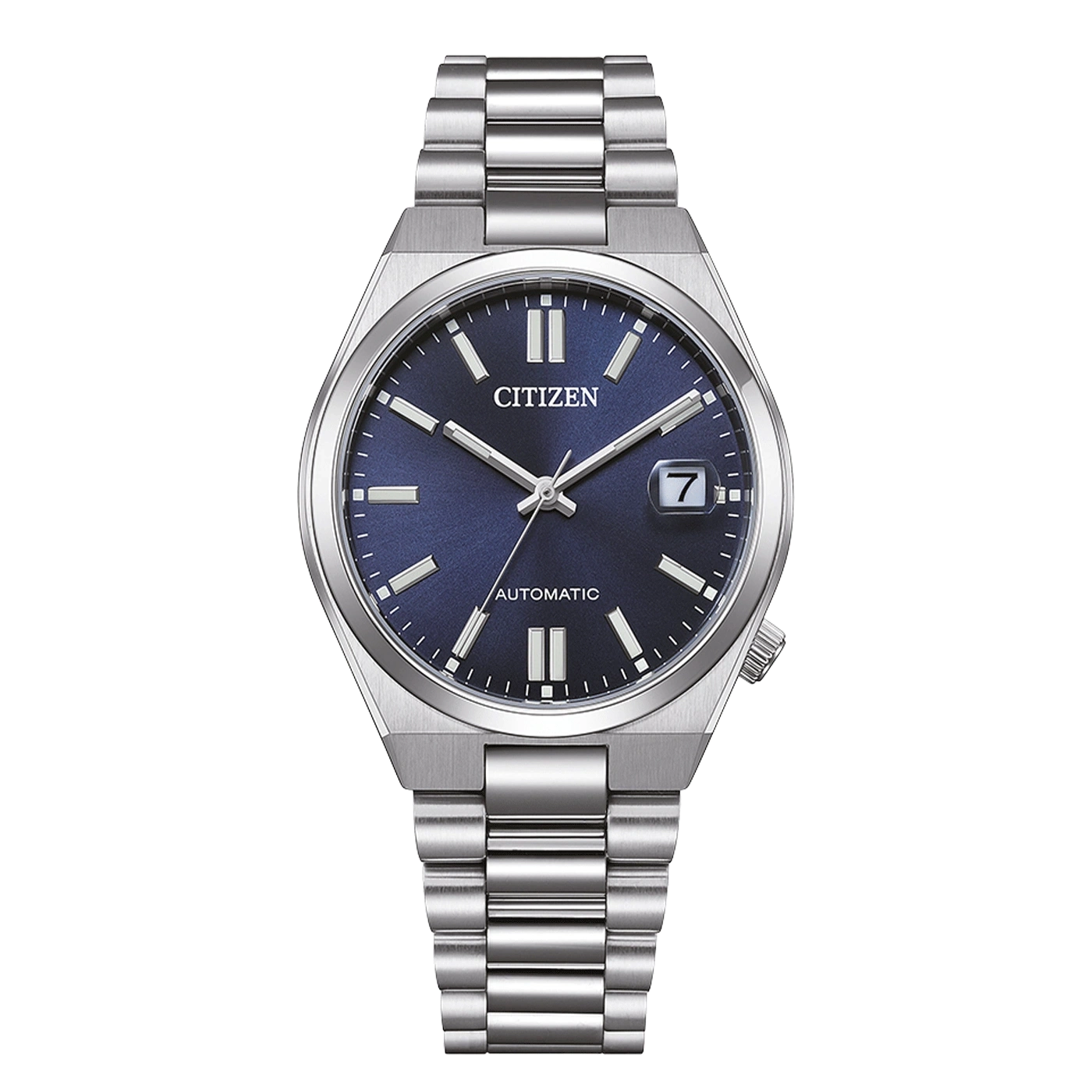 Citizen-Uhr mit blauem Zifferblatt und silbernem Armband, Automatik.