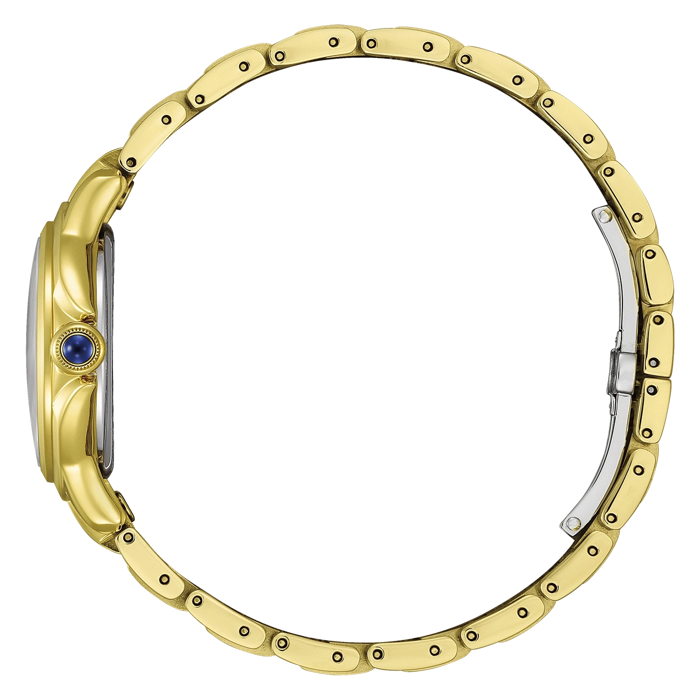 Goldene Uhr mit blauem Edelstein und offenem Verschluss auf grünem Hintergrund