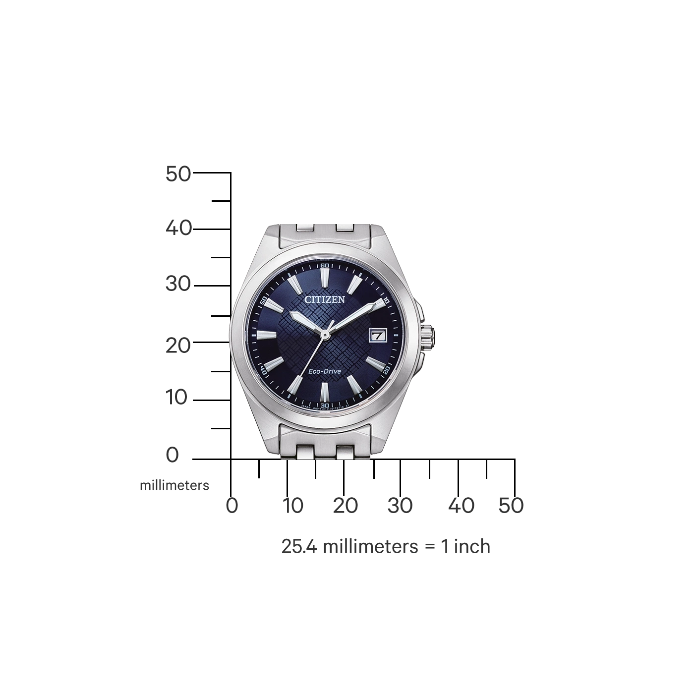 Citizen-Uhr mit blauem Zifferblatt, silbernem Armband und Eco-Drive-Technologie.