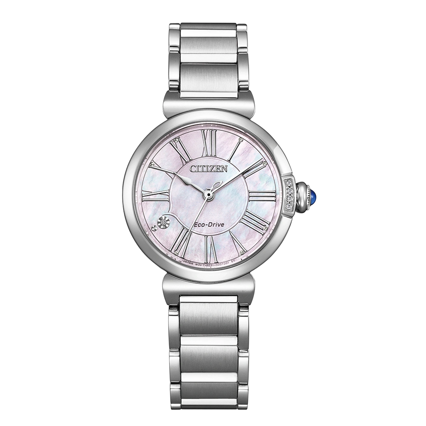 Eine silberne Citizen Eco-Drive Uhr mit Perlmuttzifferblatt und römischen Ziffern.