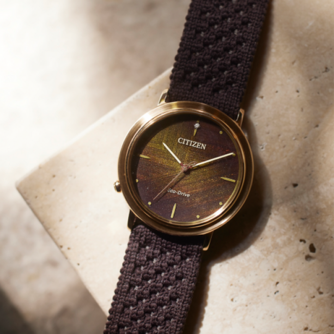 Citizen-Uhr mit braunem Armband und goldenem Zifferblatt, Eco-Drive-Technologie.