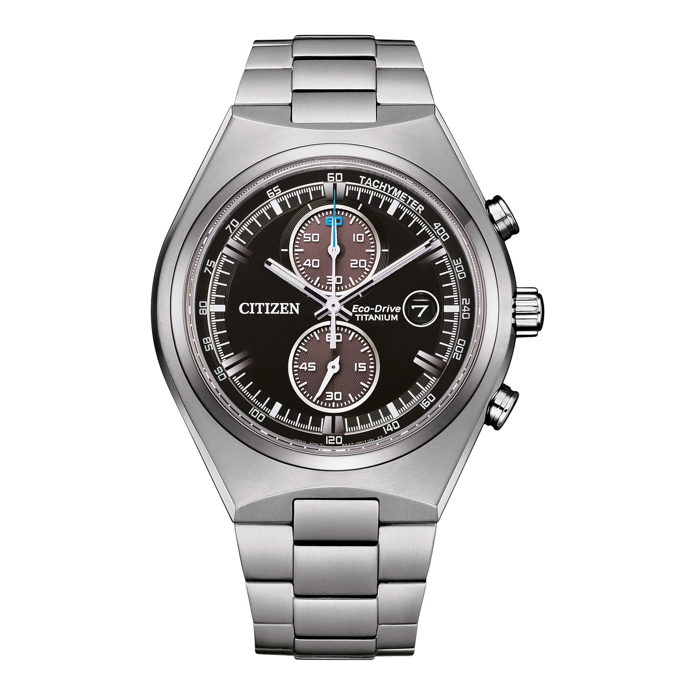 Citizen-Uhr mit schwarzem Zifferblatt, Chronograph und Titanarmband.