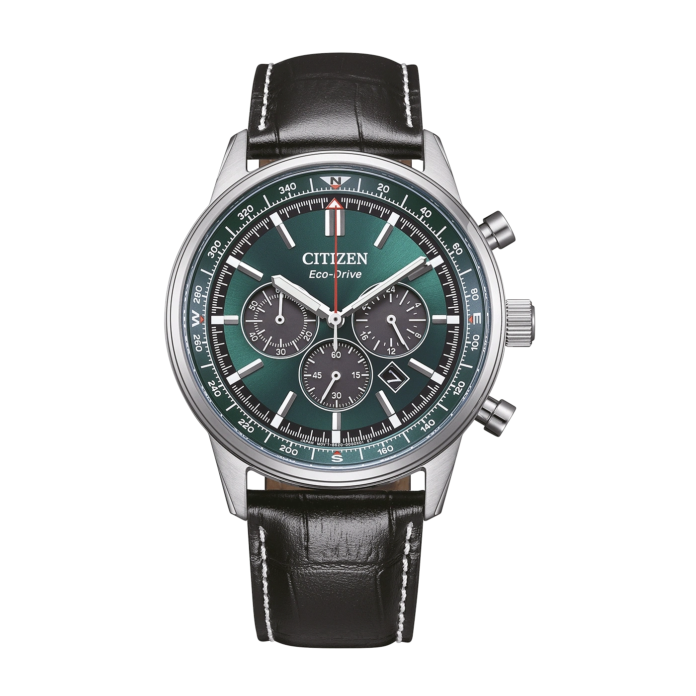 Eine grüne Citizen Eco-Drive Chronographenuhr mit schwarzem Lederarmband.