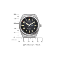 Citizen-Uhr mit schwarzem Zifferblatt, Titan, Eco-Drive und Tagesanzeige.