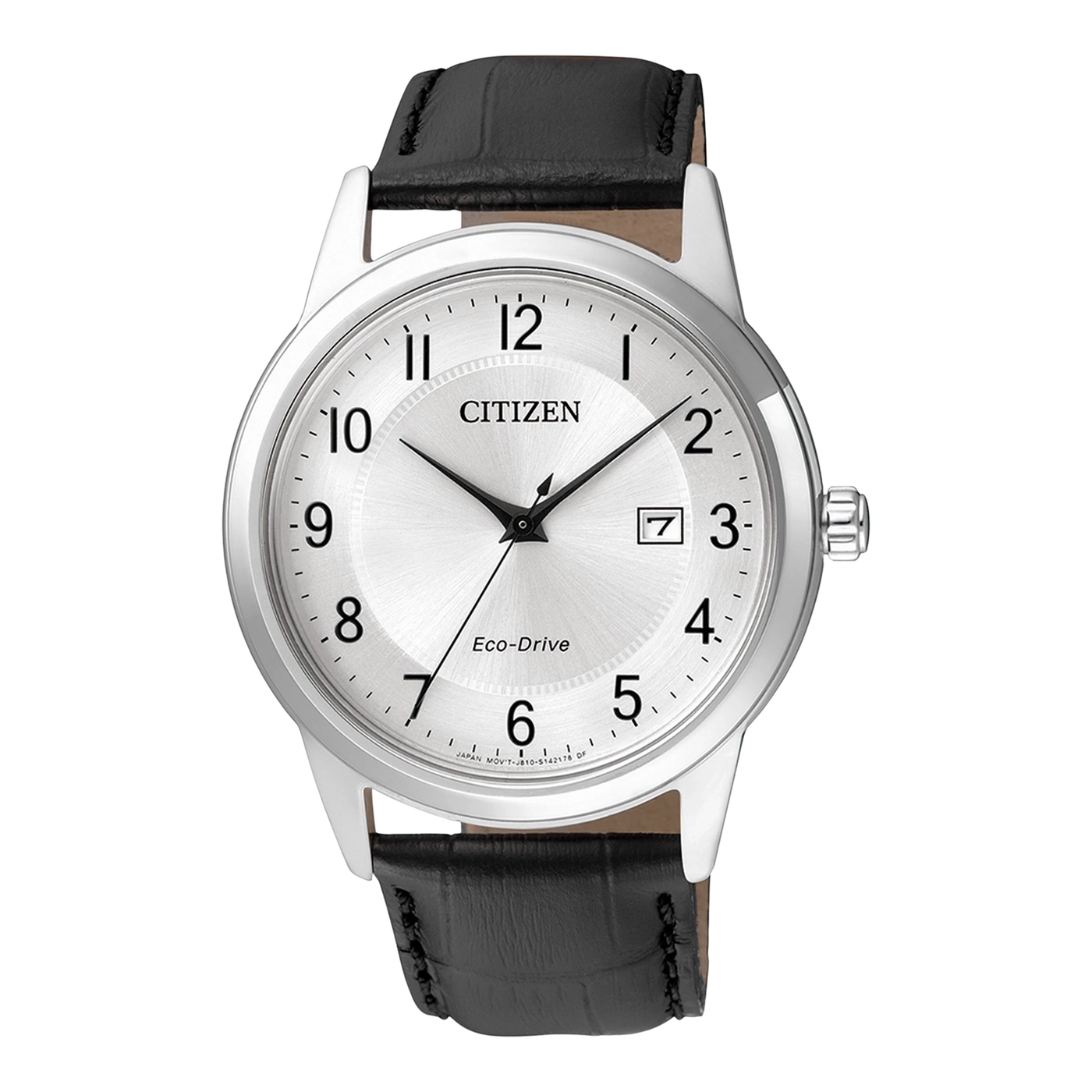 Citizen-Uhr mit silbernem Zifferblatt, schwarzem Lederarmband und Datumsanzeige.
