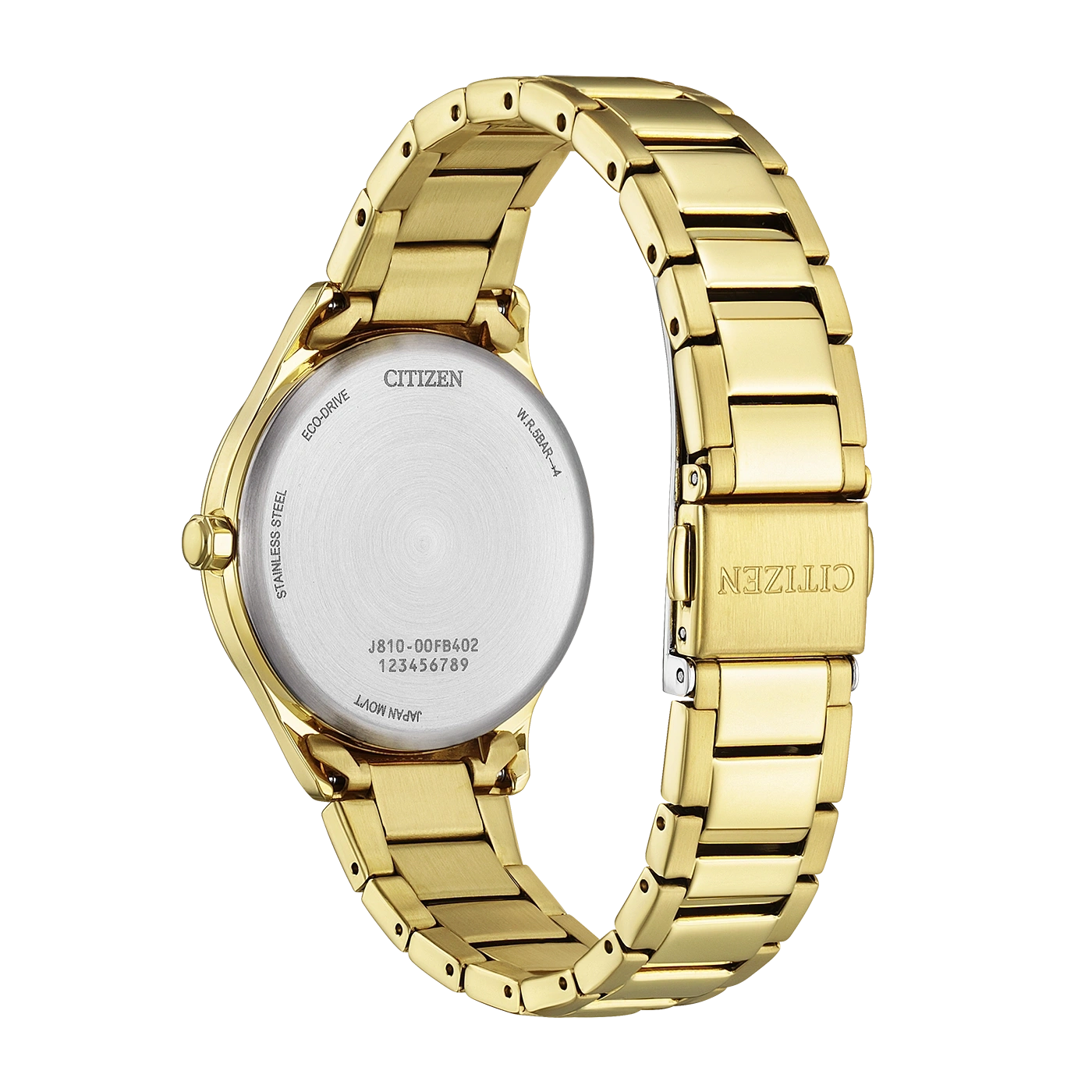 Eine goldene Citizen-Uhr mit sichtbarem Gehäuseboden, auf dem Modell- und Seriennummern angegeben sind.