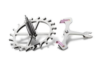 This image displays two precision watch components: a gear with a central pinion and a lever with two pink jewels. Both are made of polished metal, showcasing the intricate and essential parts of a mechanical timepiece, set against a white background.
