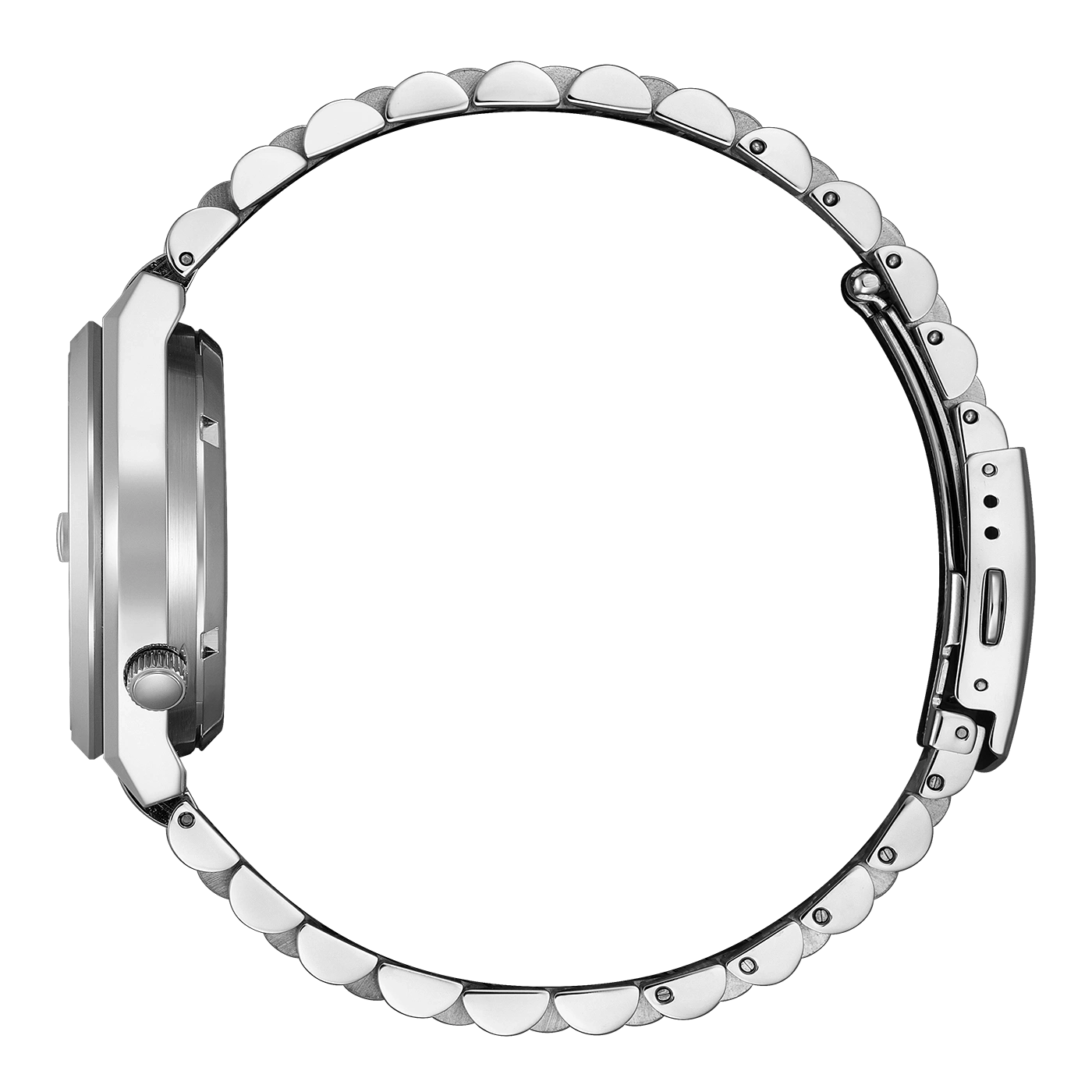 Silberne Uhr mit Metallarmband, Seitenansicht, elegantes Design, glänzend