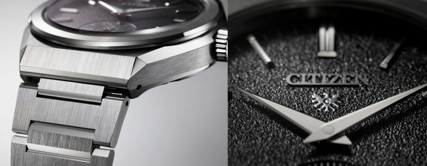 Nahaufnahme einer Citizen-Uhr, die Zifferblatt, Zeiger und Armband zeigt.