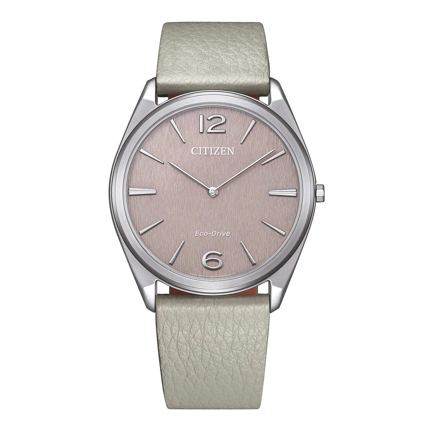 Citizen-Uhr mit hellgrauem Lederarmband und rosa Zifferblatt.