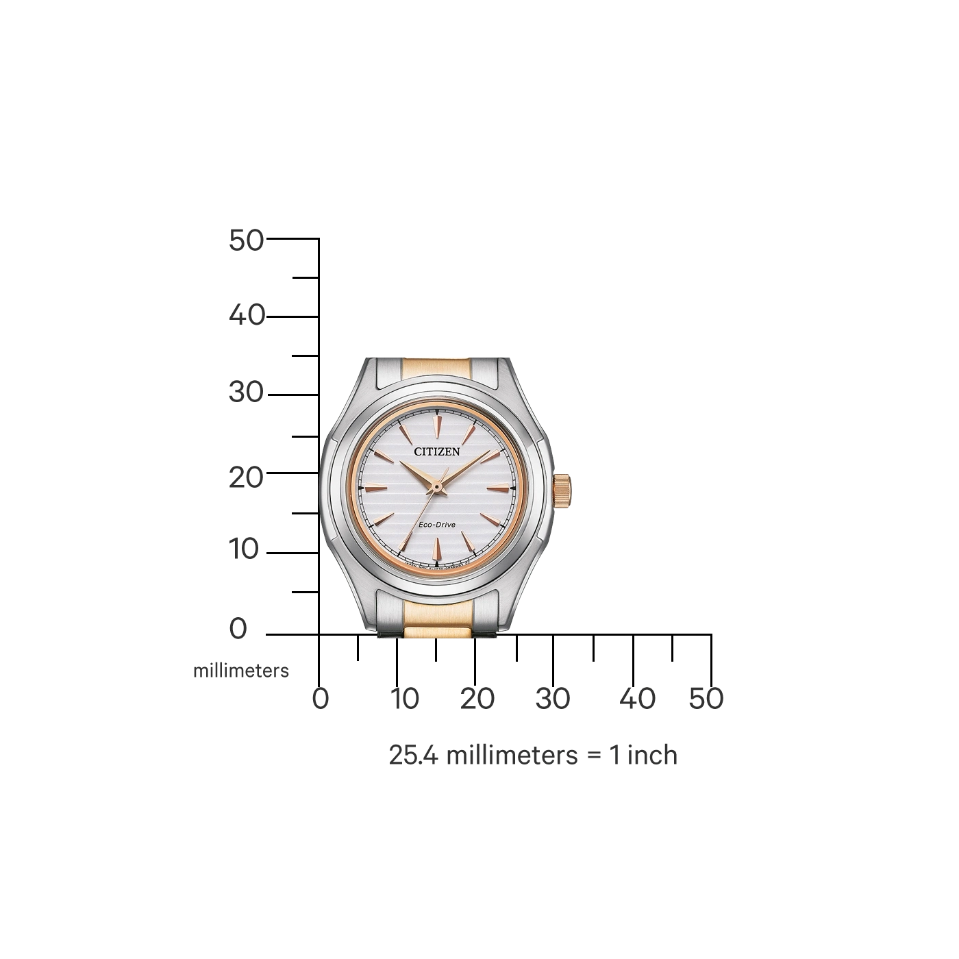 Citizen-Uhr mit Millimeterskala, die die Größe der Uhr anzeigt.