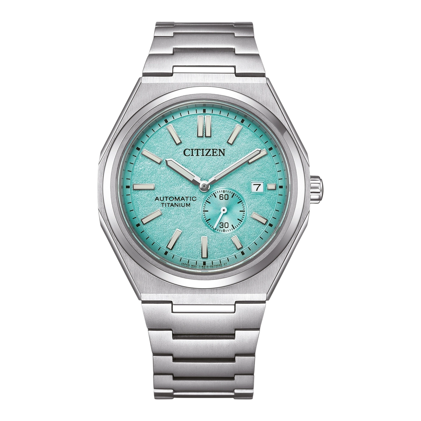 Citizen-Uhr mit türkisfarbenem Zifferblatt und Titanarmband.