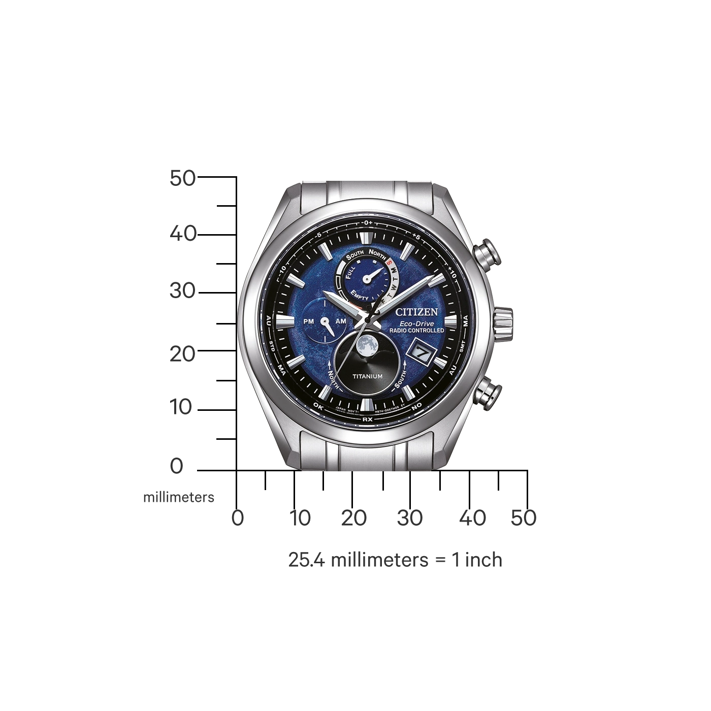 Citizen-Uhr mit blauem Zifferblatt, Titan, funkgesteuert und Maßstab.