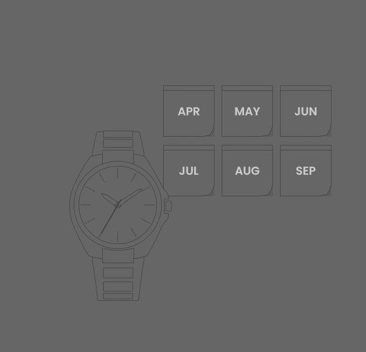 Uhr mit Monaten: April, Mai, Juni, Juli, August, September.