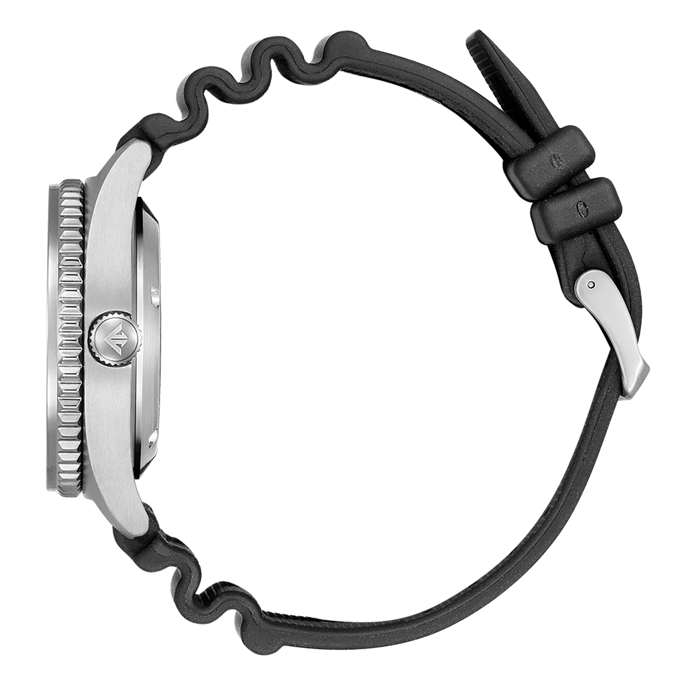 Uhr mit schwarzem Armband und silbernem Gehäuse, Seitenansicht, Nahaufnahme.