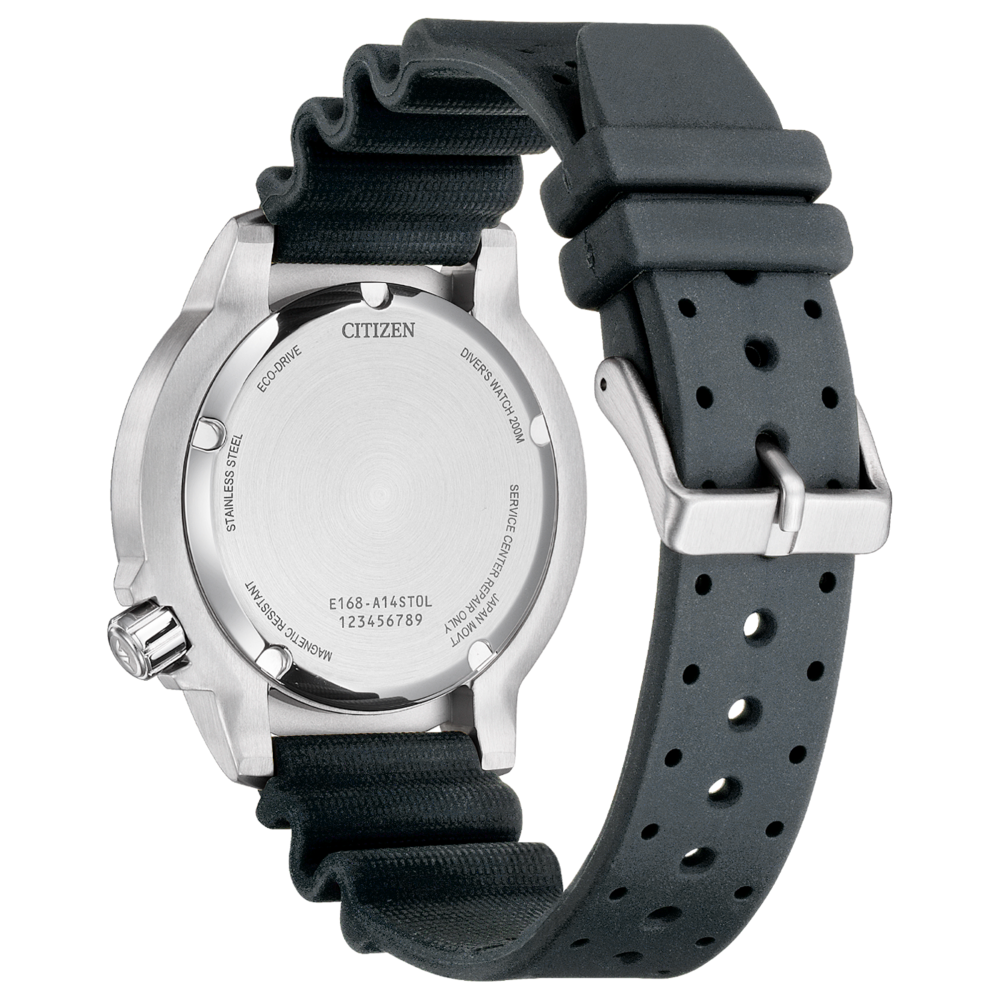Citizen Taucheruhr mit schwarzem Kautschukarmband, zeigt Gehäusebodendetails.