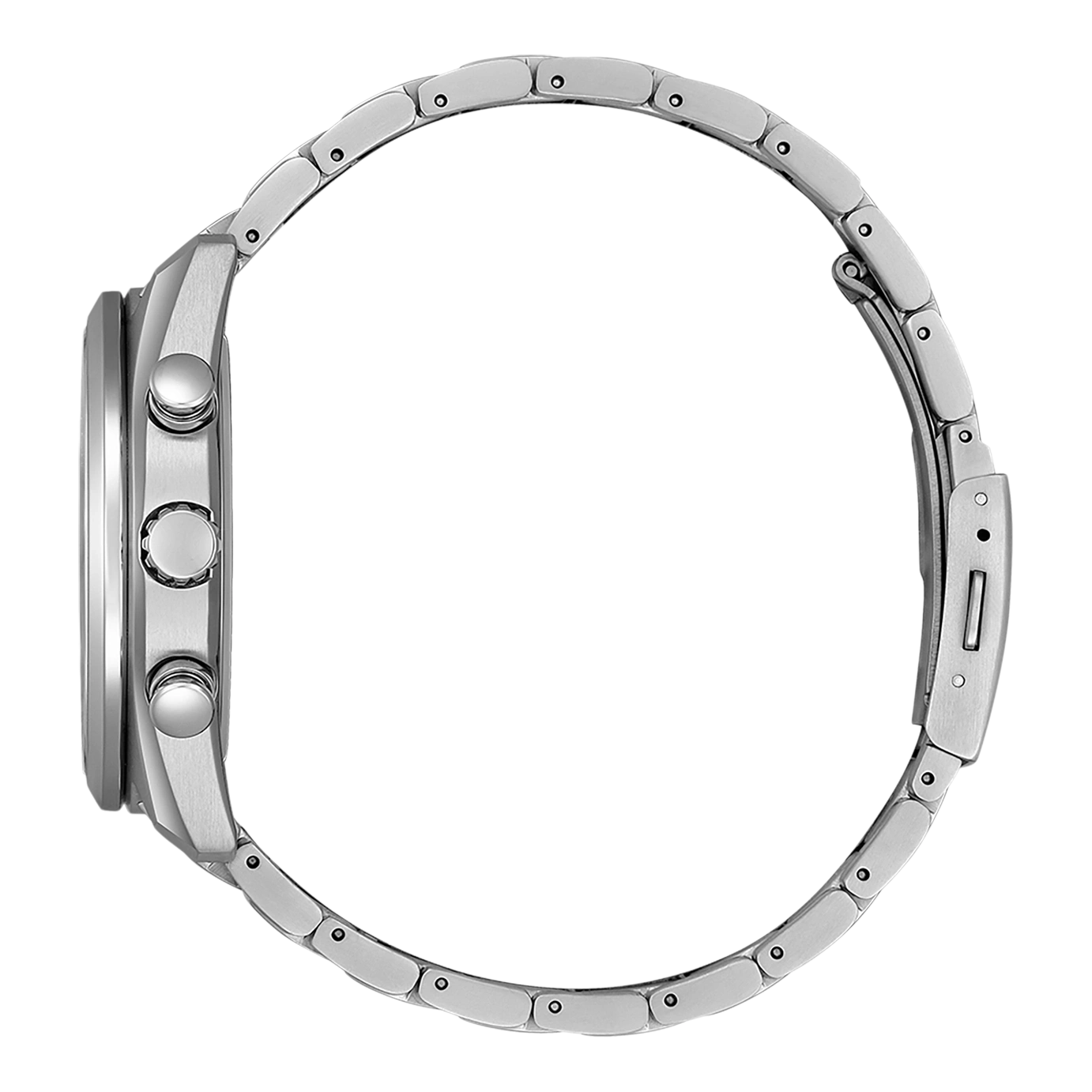 Seitenansicht einer silbernen Armbanduhr mit Metallband und Knöpfen.