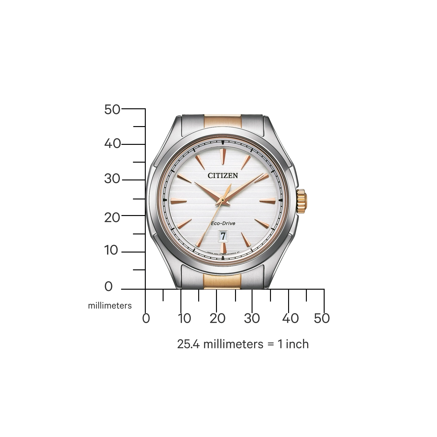 Citizen-Uhr mit weißem Zifferblatt, goldenen Akzenten und Datumsanzeige. Eco-Drive-Technologie.