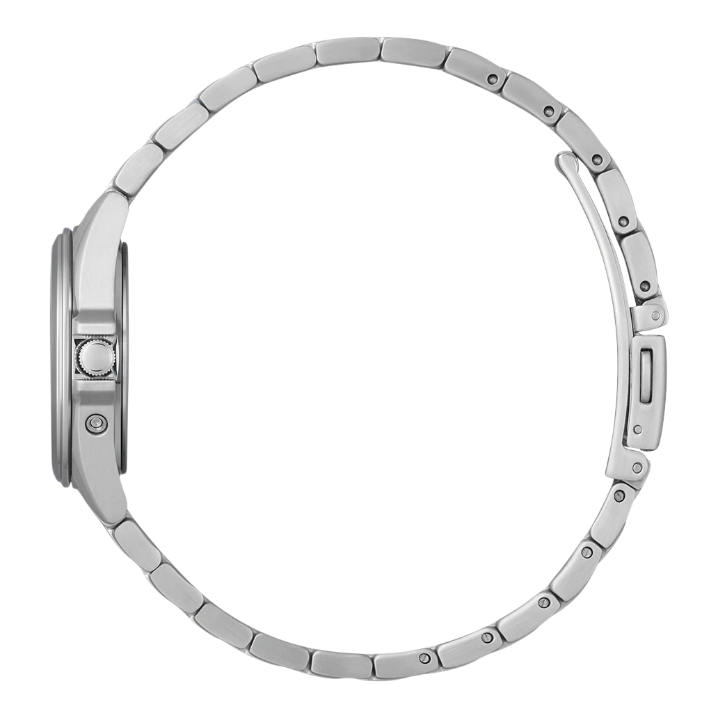 Seitenansicht einer silbernen Armbanduhr mit Metallband, isoliert.
