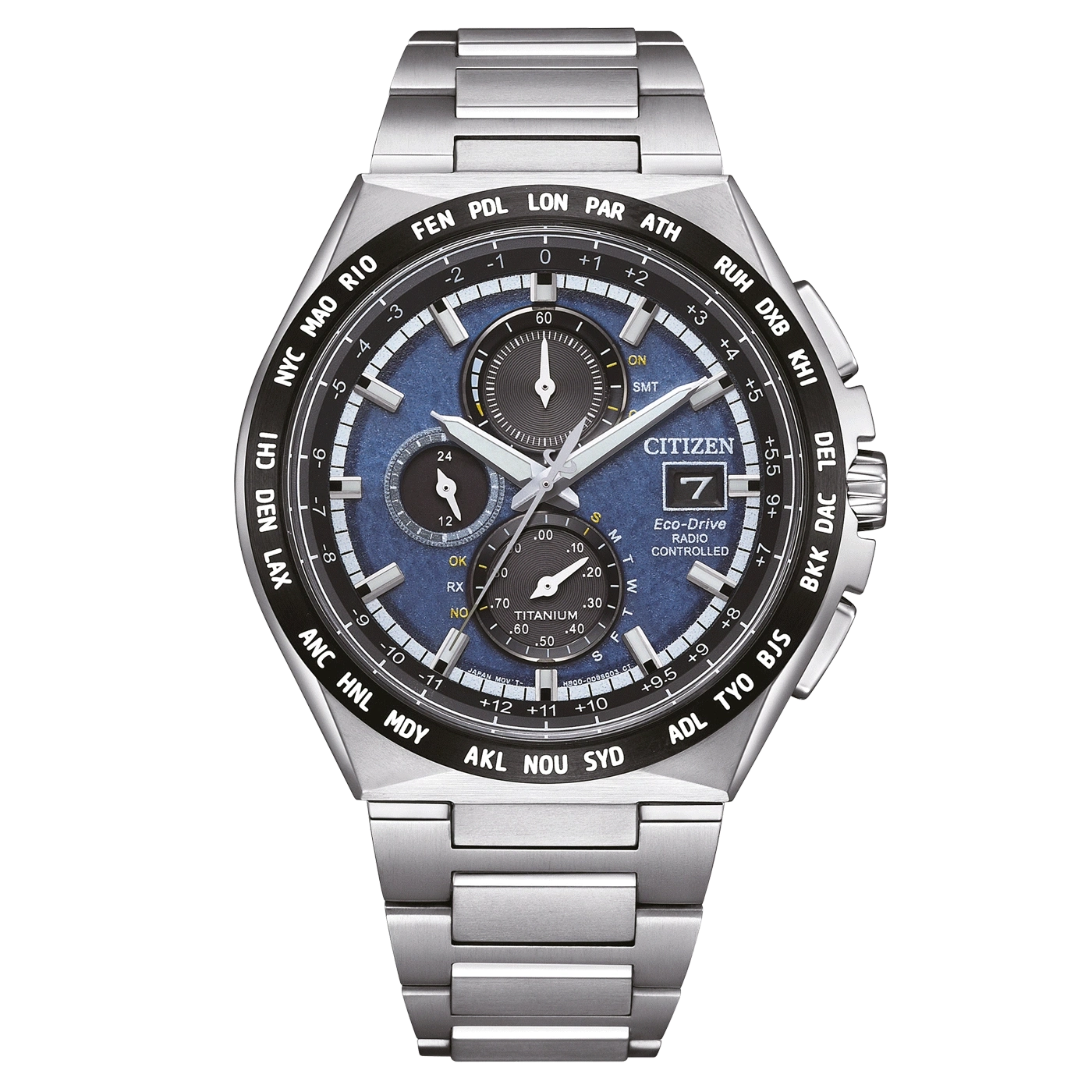 Citizen-Uhr mit blauem Zifferblatt, Titan, funkgesteuert, Weltzeit und Edelstahlarmband.