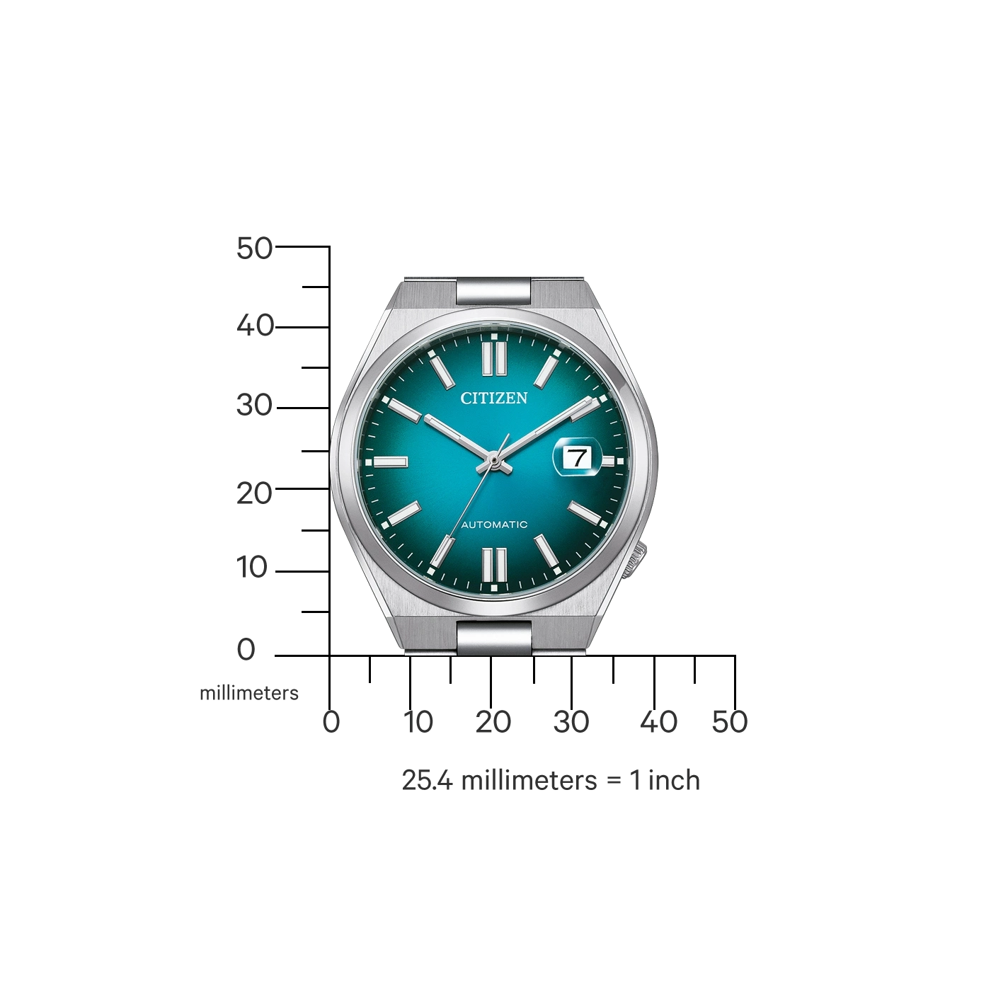 Citizen-Uhr mit türkisblauem Zifferblatt, Maßstab und dem Wort Automatik.