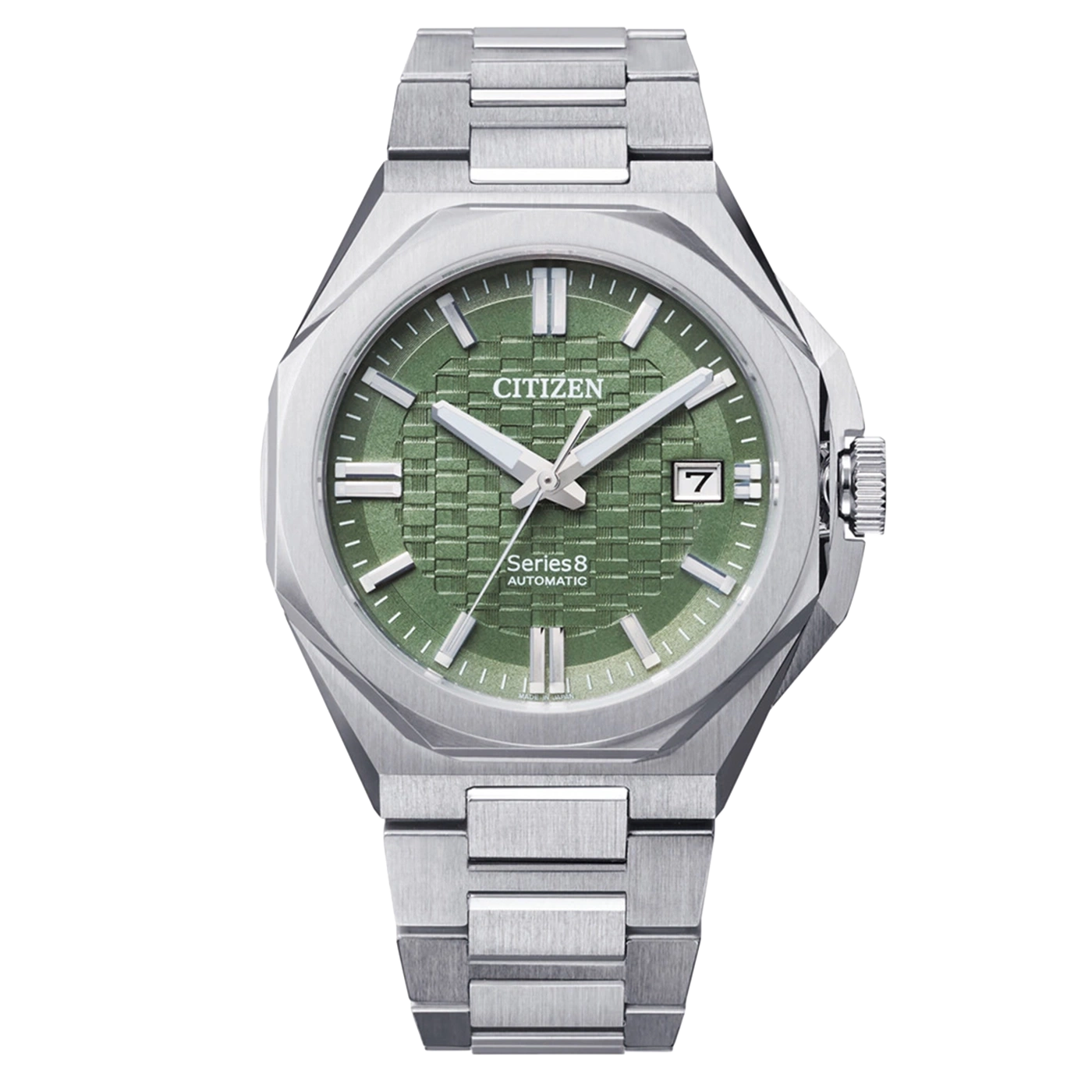 Eine Citizen Series8 Automatik-Uhr mit grünem Textur-Zifferblatt und silbernem Band.