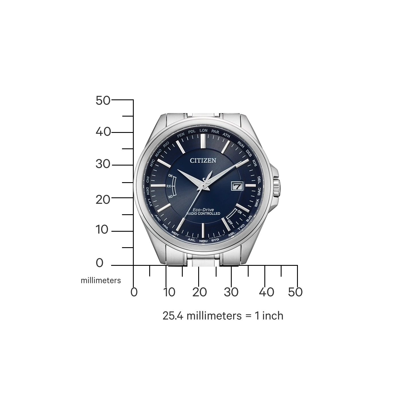 Citizen-Uhr mit blauem Zifferblatt, silbernem Armband und Zeitzonenanzeigen.