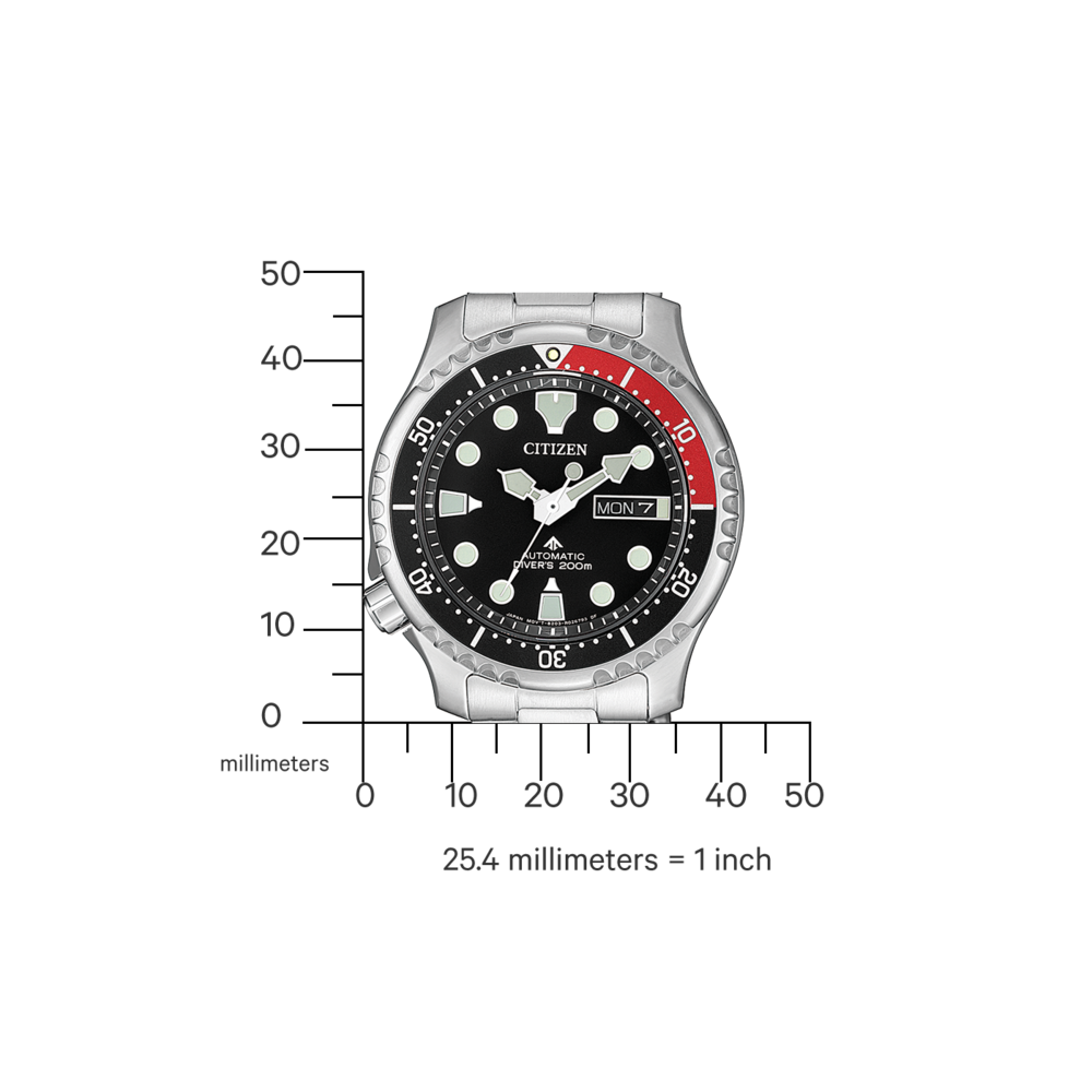 Citizen-Uhr mit schwarzem Zifferblatt, roter Lünette und Maßstab in Millimetern.