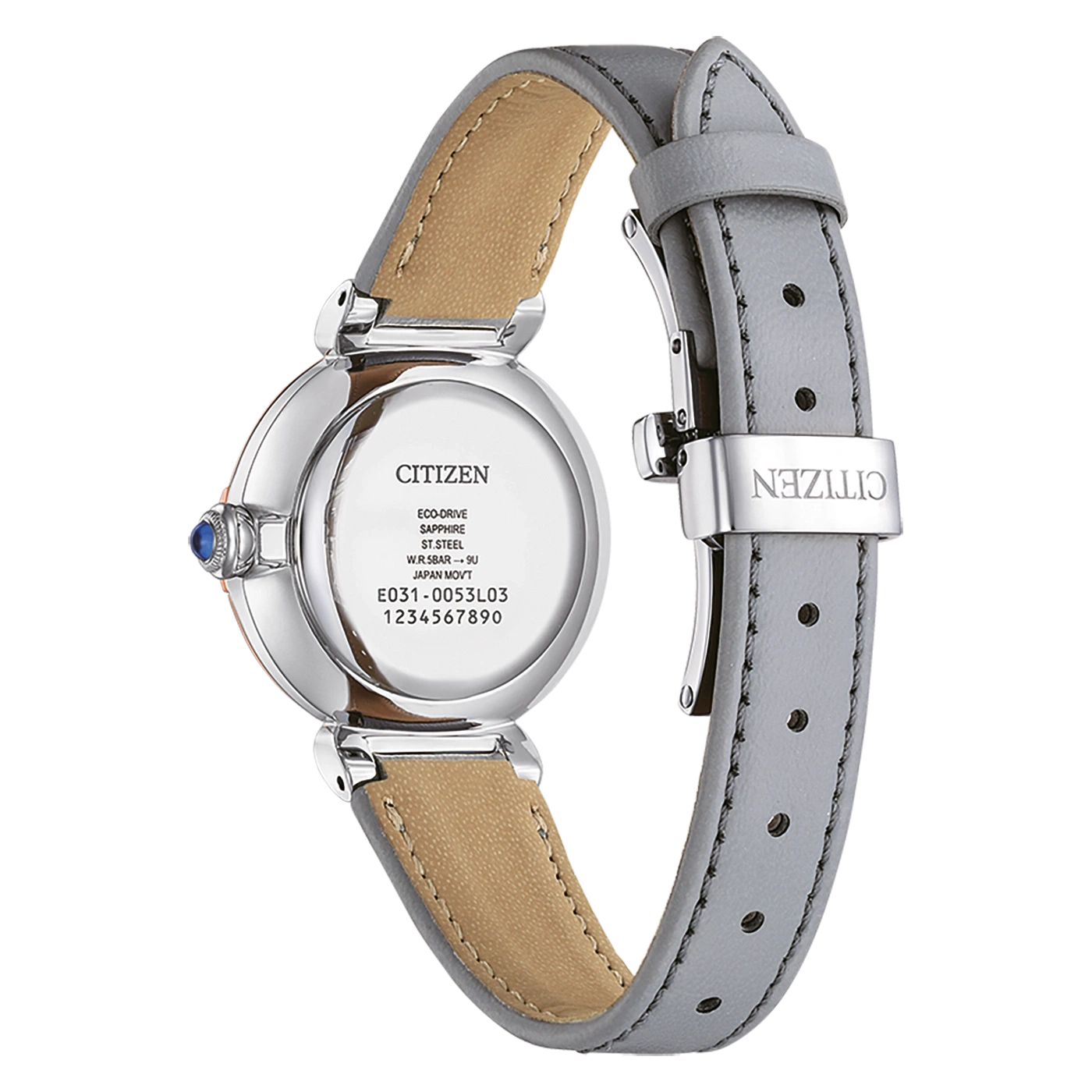 Citizen-Uhrrückseite mit Details: Eco-Drive, Saphir, Stahl, Japan Movt.