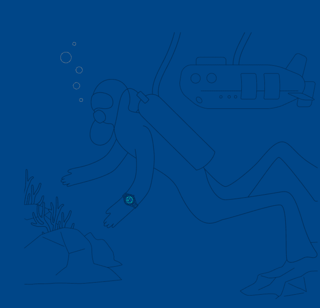 Taucher mit Uhr, Blasen, U-Boot, Korallen und Felsen im Ozean.