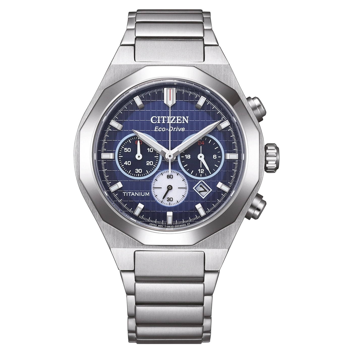 Citizen Eco-Drive Uhr, blaues Zifferblatt, Titan, Chronograph, stilvolles Design, modern, elegant.