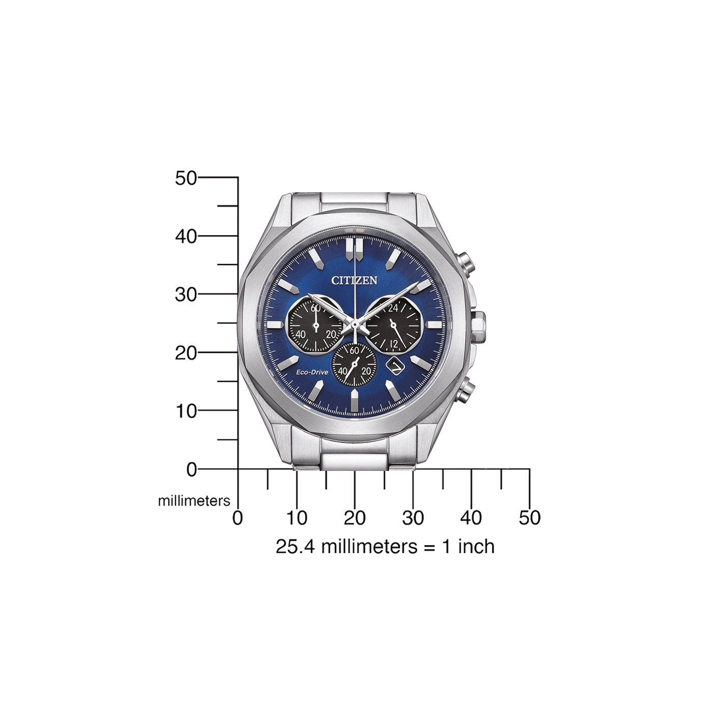 Citizen-Uhr mit blauem Zifferblatt, silbernem Armband und Chronographenfunktionen, mit Skala.