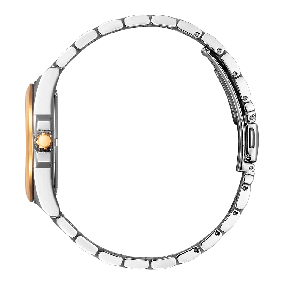 Seitenansicht einer silbernen Uhr mit goldenem Zifferblatt und Armband.
