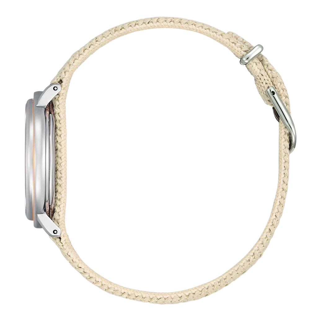 Seitenansicht einer Uhr mit beigem Seilarmband und silberner Schnalle.