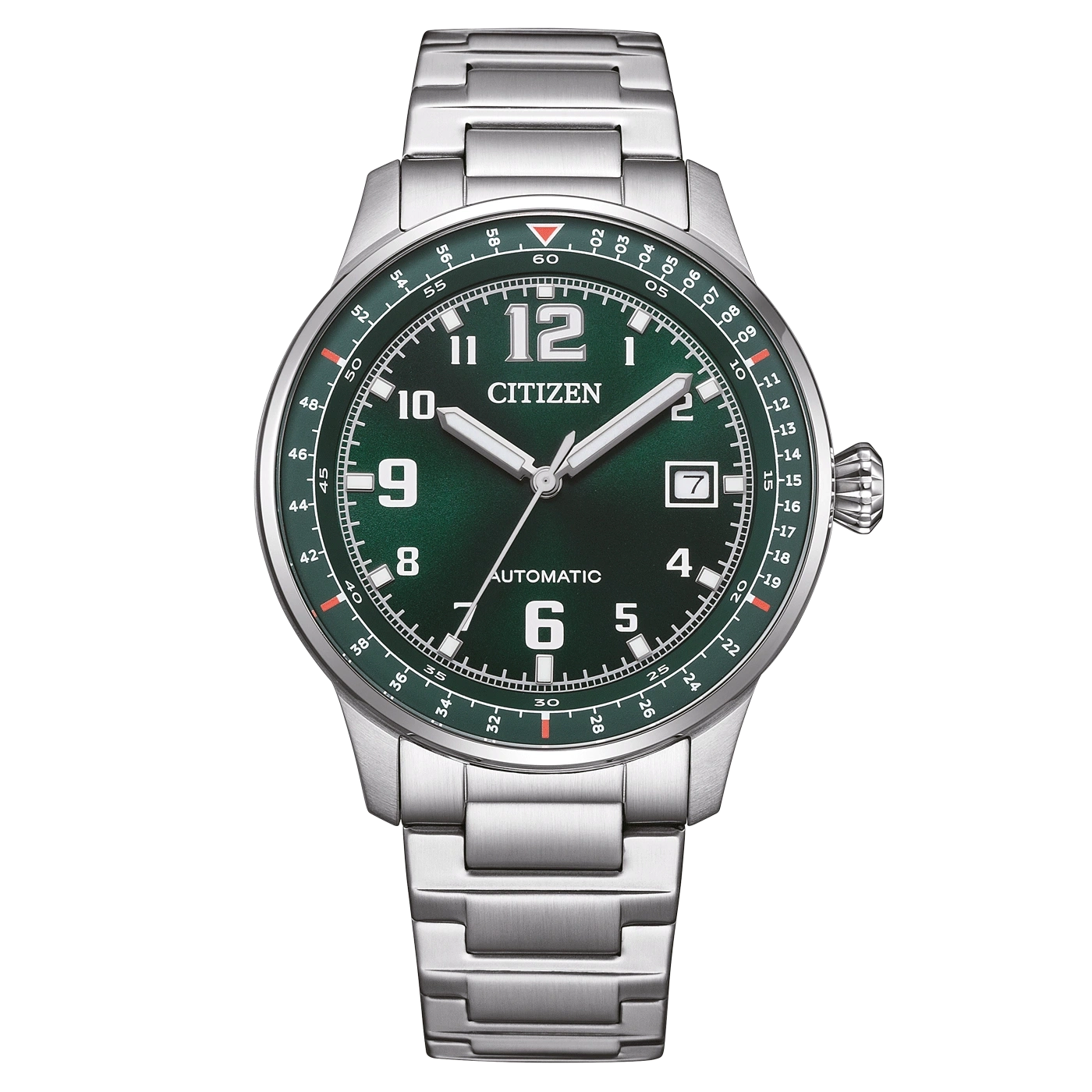Citizen-Uhr mit grünem Zifferblatt, silbernem Armband und Automatikwerk.