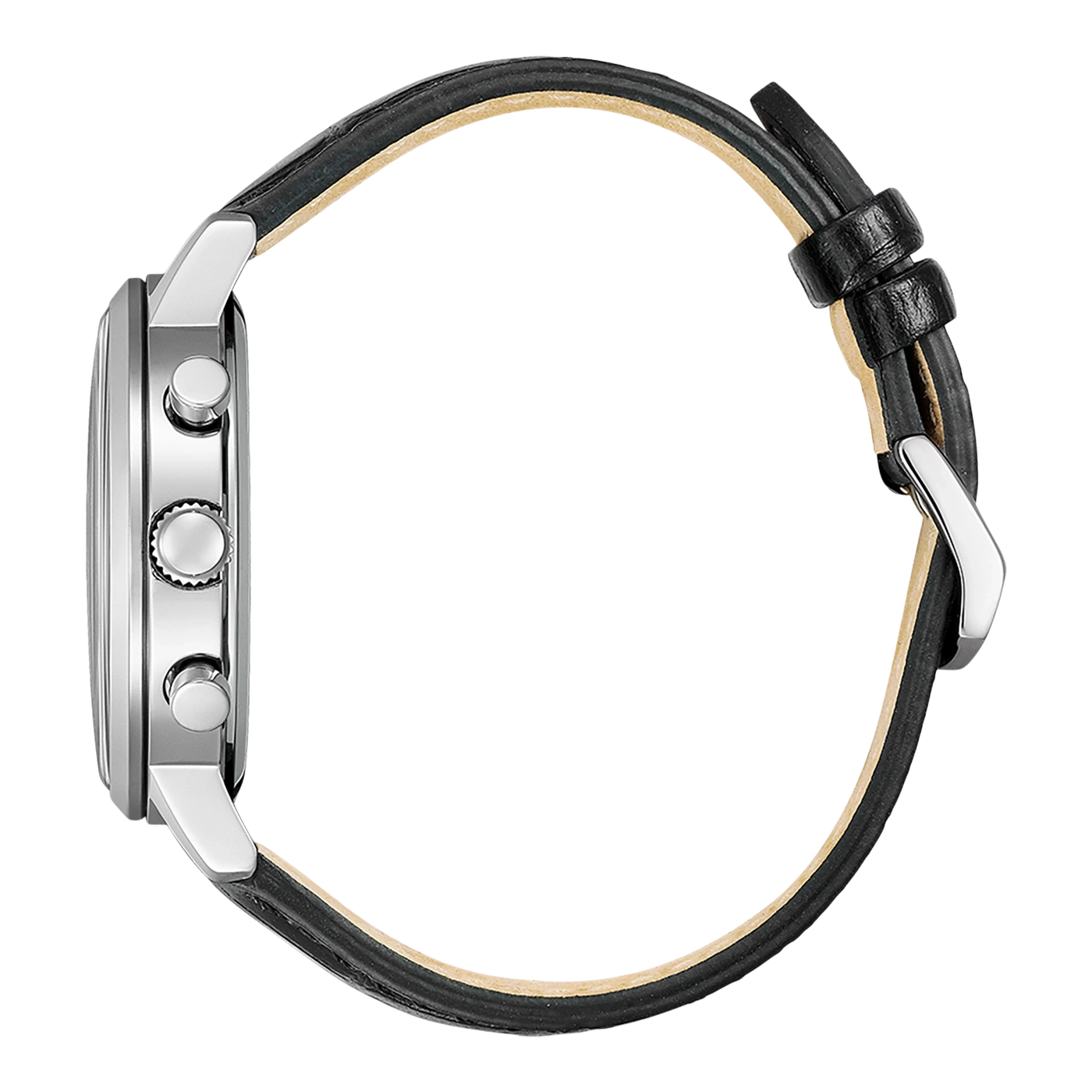 Seitenansicht einer silbernen Uhr mit schwarzem Lederarmband.