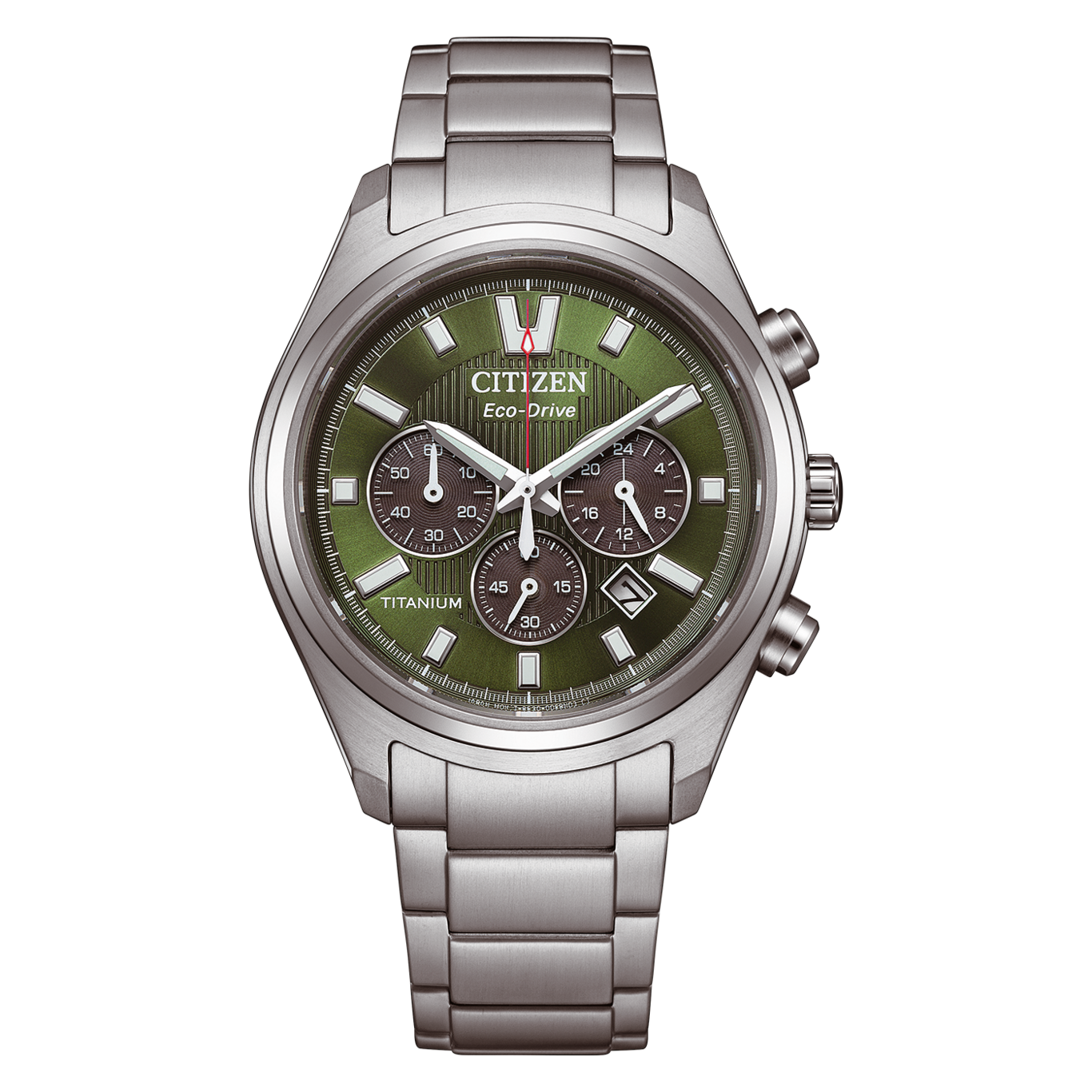 Eine Nahaufnahme einer silbernen Citizen Eco-Drive-Uhr mit grünem Zifferblatt und Titanarmband.