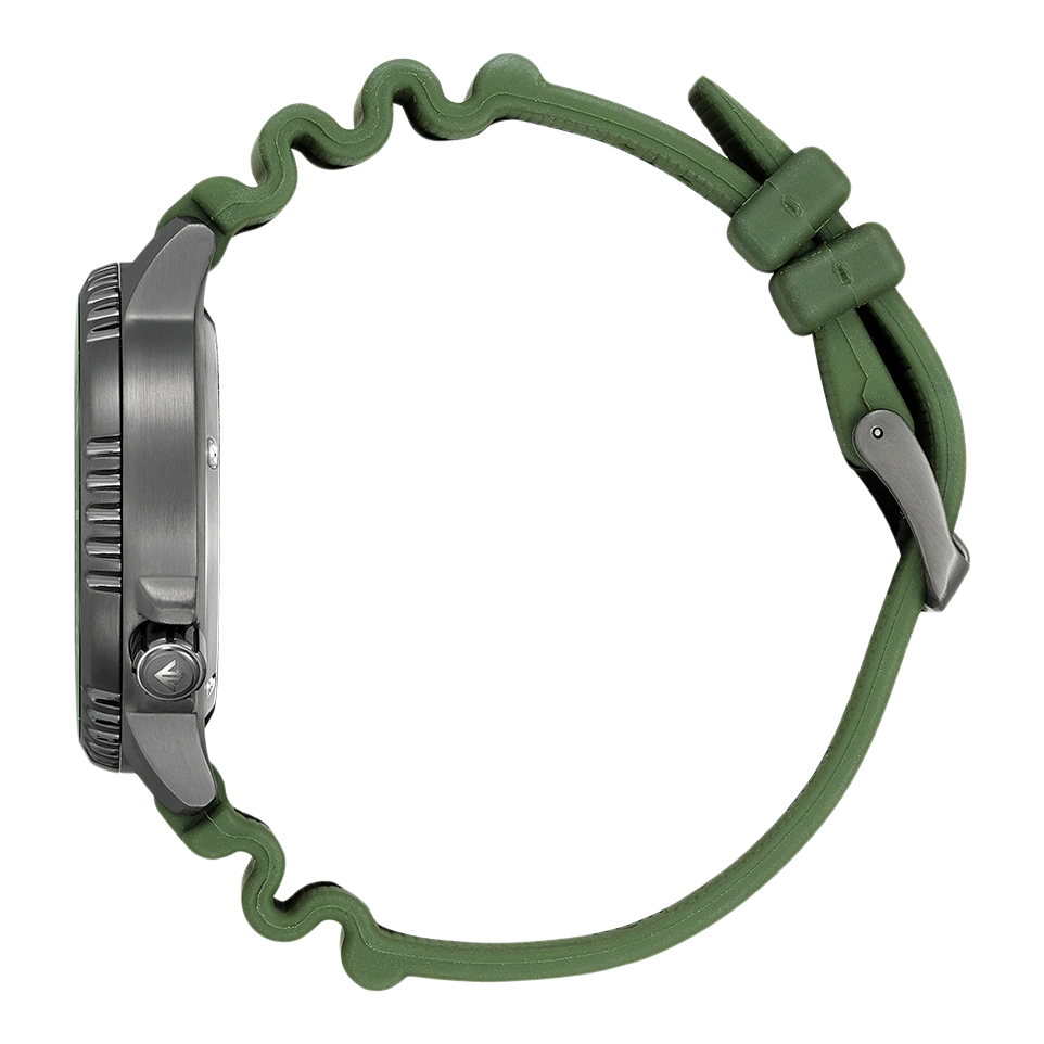 Seitenansicht einer grünen Uhr mit einzigartigem wellenförmigen Armbanddesign.