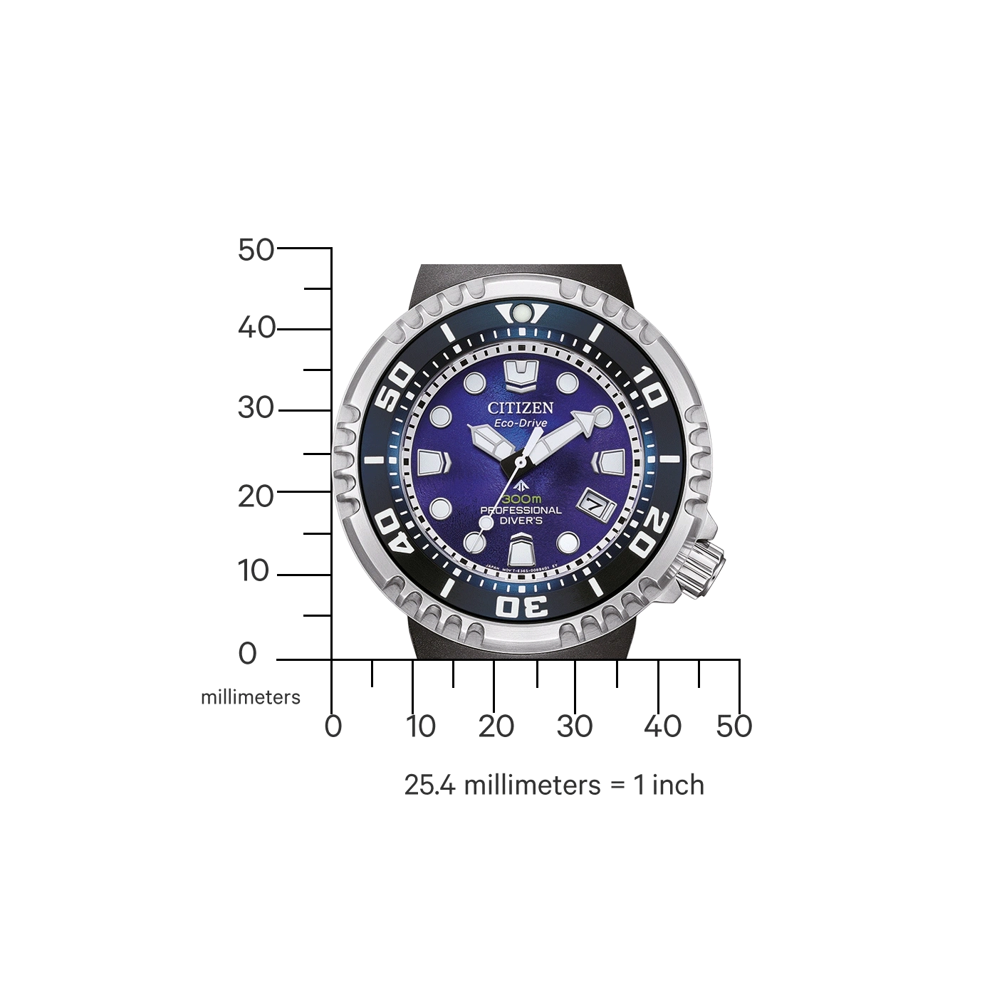 Citizen Eco-Drive Uhr mit blauem Zifferblatt, schwarzer Lünette und Maßstab.