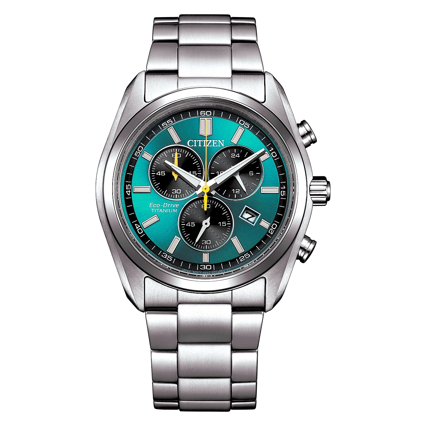 Nahaufnahme einer silbernen Citizen Eco-Drive Titan-Uhr mit petrolfarbenem Zifferblatt.