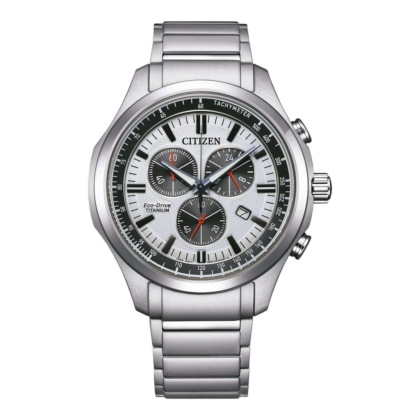 Silberne Citizen-Uhr mit Chronograph, Tachymeter und Titan-Eigenschaften.