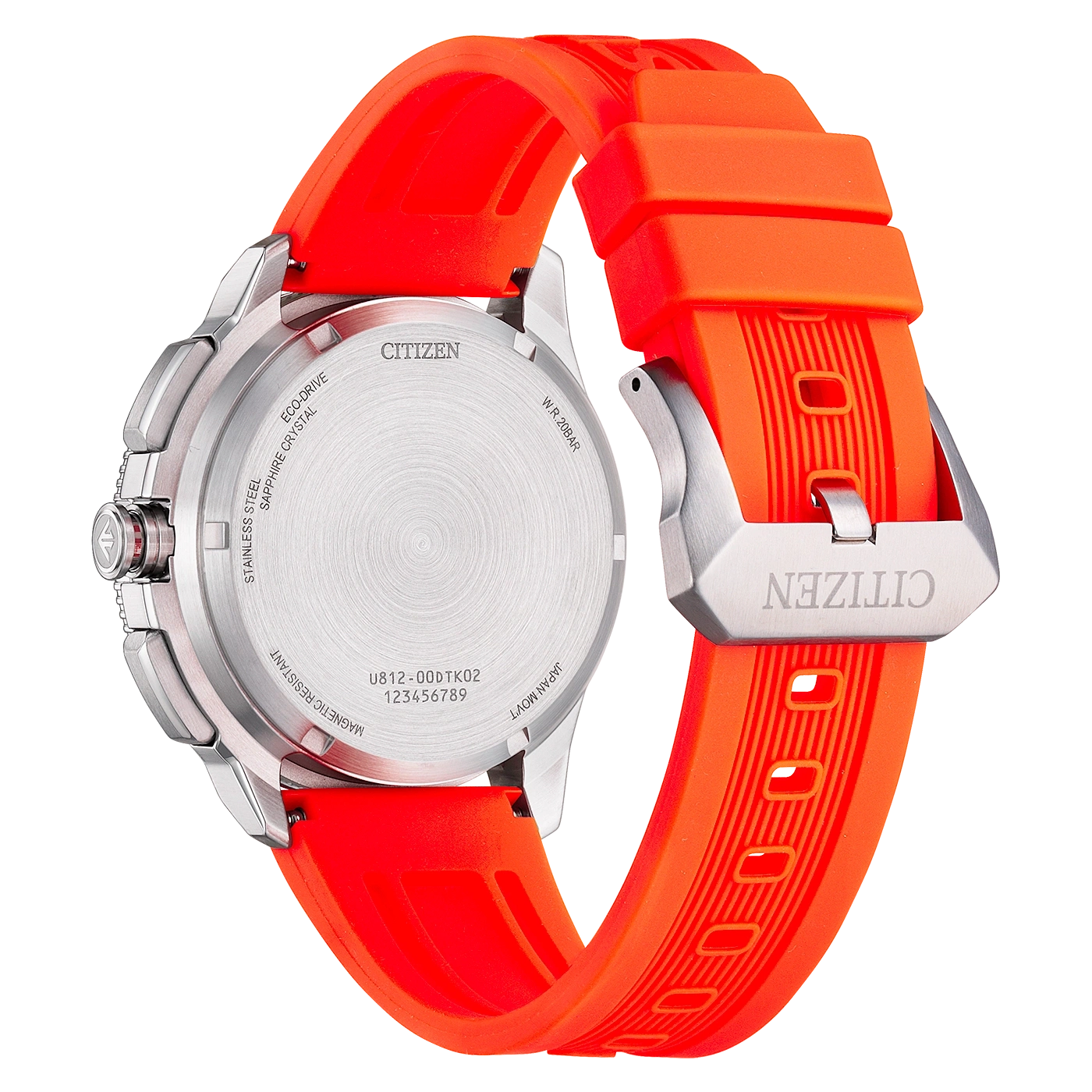 Rückansicht einer Citizen Eco-Drive Uhr mit orangefarbenem Armband und silbernem Gehäuse.