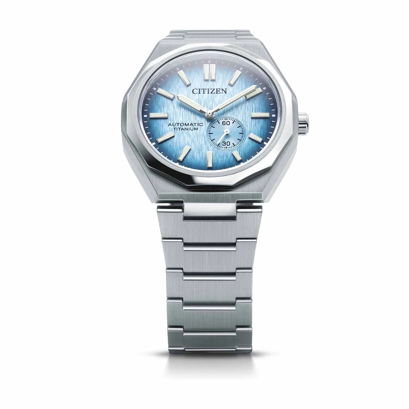Citizen-Uhr mit blauem Zifferblatt und Titanarmband.