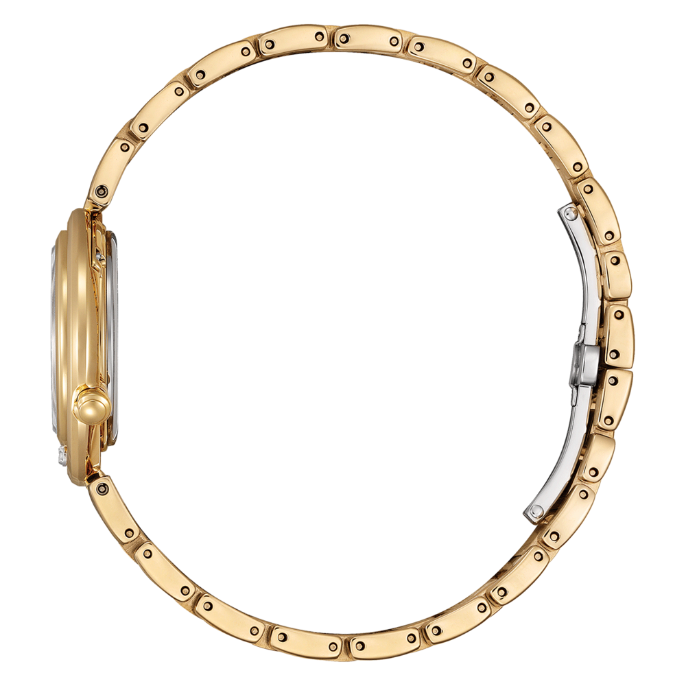 Goldene Uhr mit goldenem Armband, Seitenansicht, elegant und glänzend.