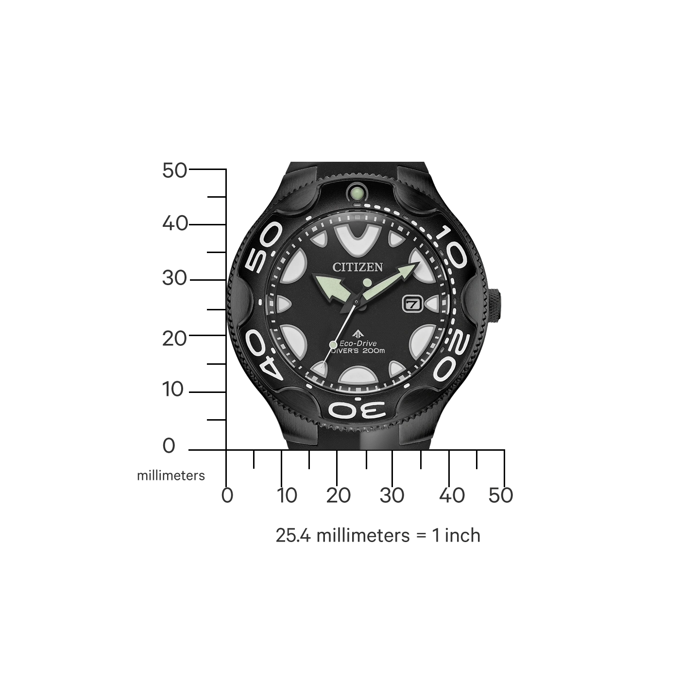 Schwarze Citizen-Uhr mit weißen Markierungen, Eco-Drive und schwarzem Hintergrund.