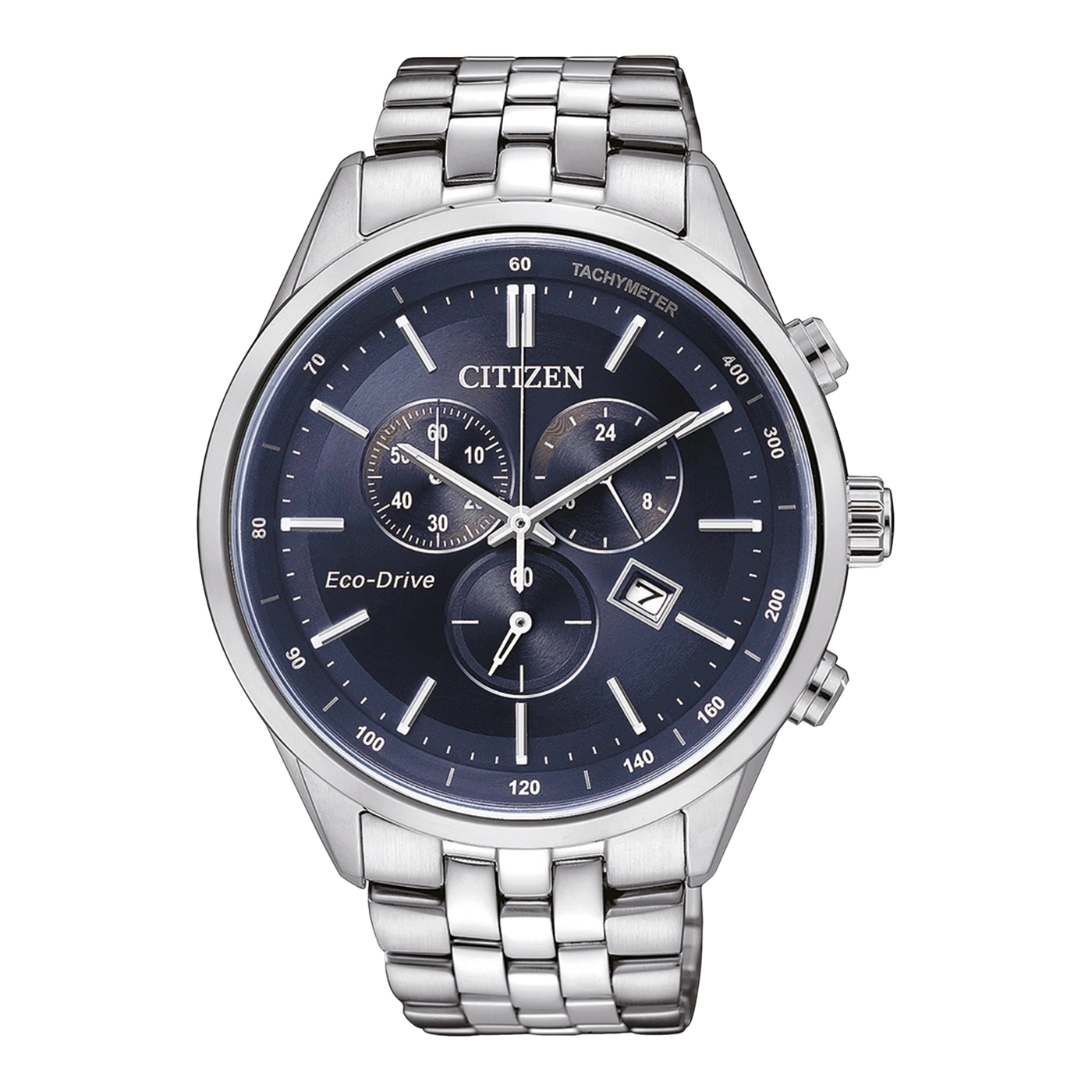 Citizen Eco-Drive Uhr mit blauem Zifferblatt und silbernem Armband.