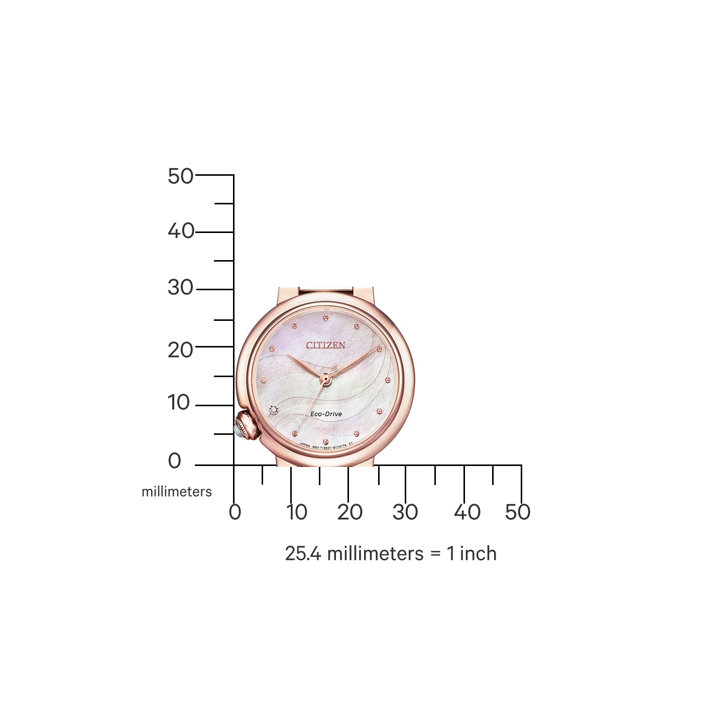 Citizen-Uhr mit roségoldenem Gehäuse und Perlmuttzifferblatt, Eco-Drive-Technologie.